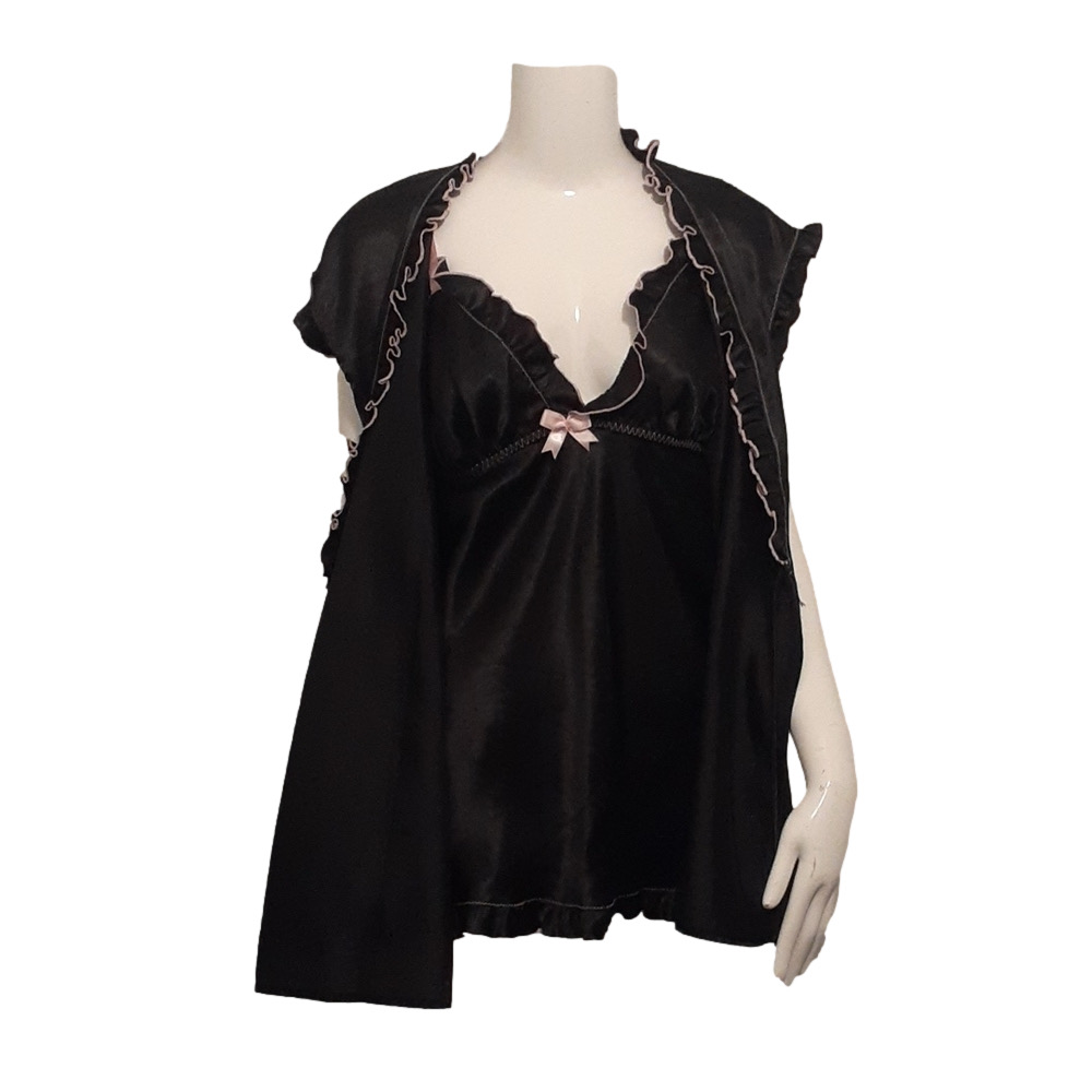 Seductive Wear by Cinema Etoile Black Satin Two Piece Kimono/Chemise Set SIZE M